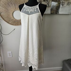 I N San Francisco Ivory Lace Overlay Dress Spaghetti Strap Lined Size M